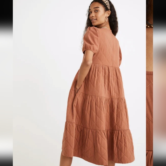 Madewell Quilted Aidy Square-Neck Puffed Sleeve Tiered Midi Dress Warm Umber - Picture 3 of 16